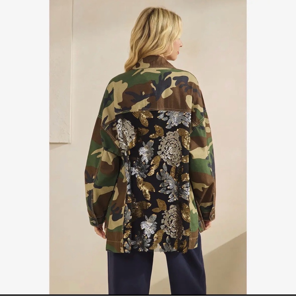 Camo denim cotton sequin Jean floral flower mineral bohemian wash coat jacket - Picture 2 of 8